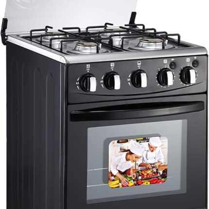 20-inch LPG (Propane) Gas Range, 4-Burner Cooktop with 62L Oven, 201 Stainless Steel, Black Glass Lid, Electronic Ignition, for Kitchen